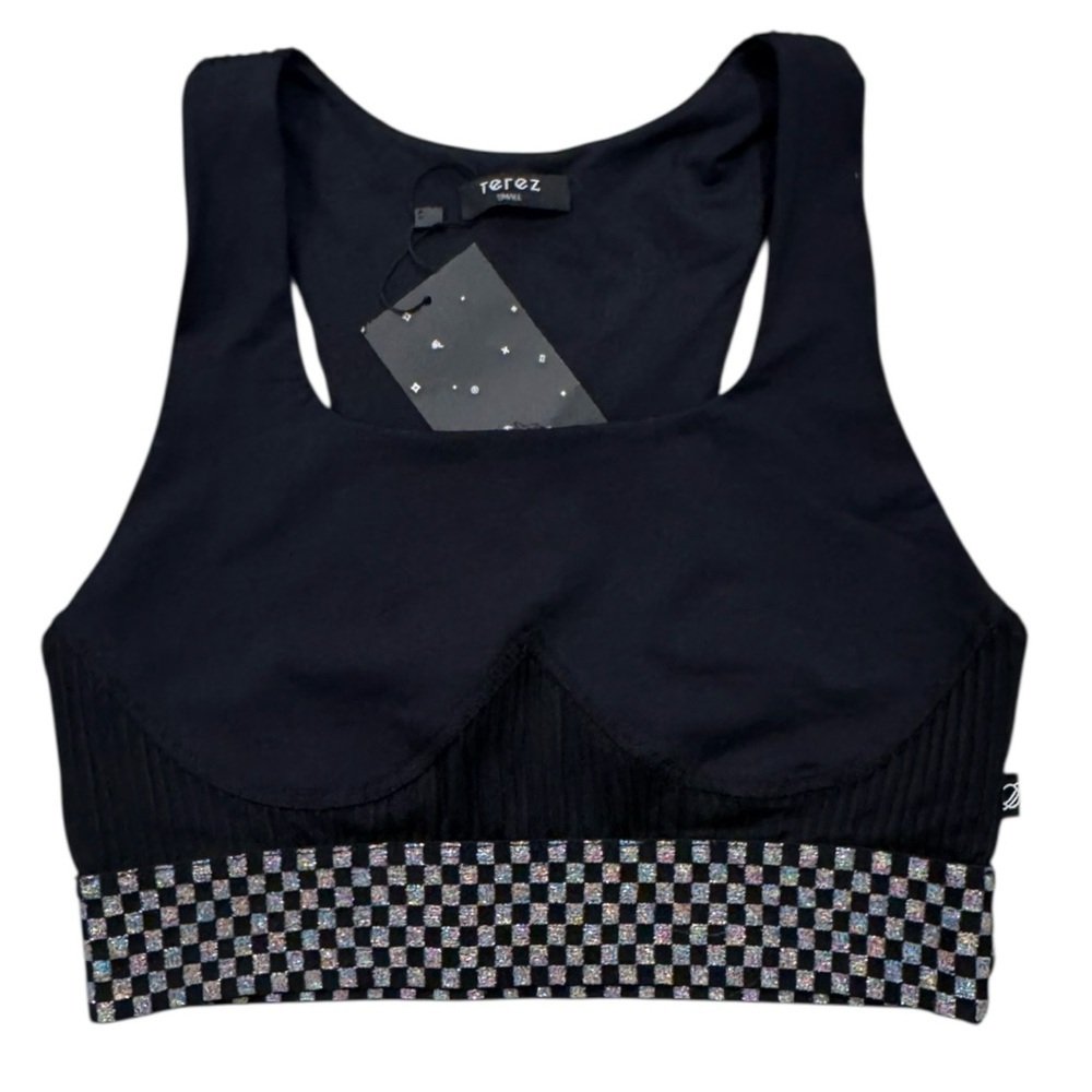 NWT! Terez Black & Silver Holographic Checkerboard Women's Sports Bra - Small